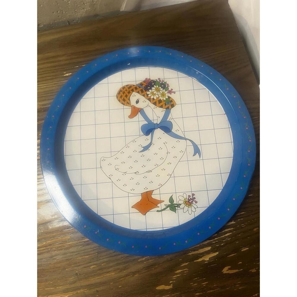 Vintage Spring Goose In Bonnet Metal Serving Tray 13"